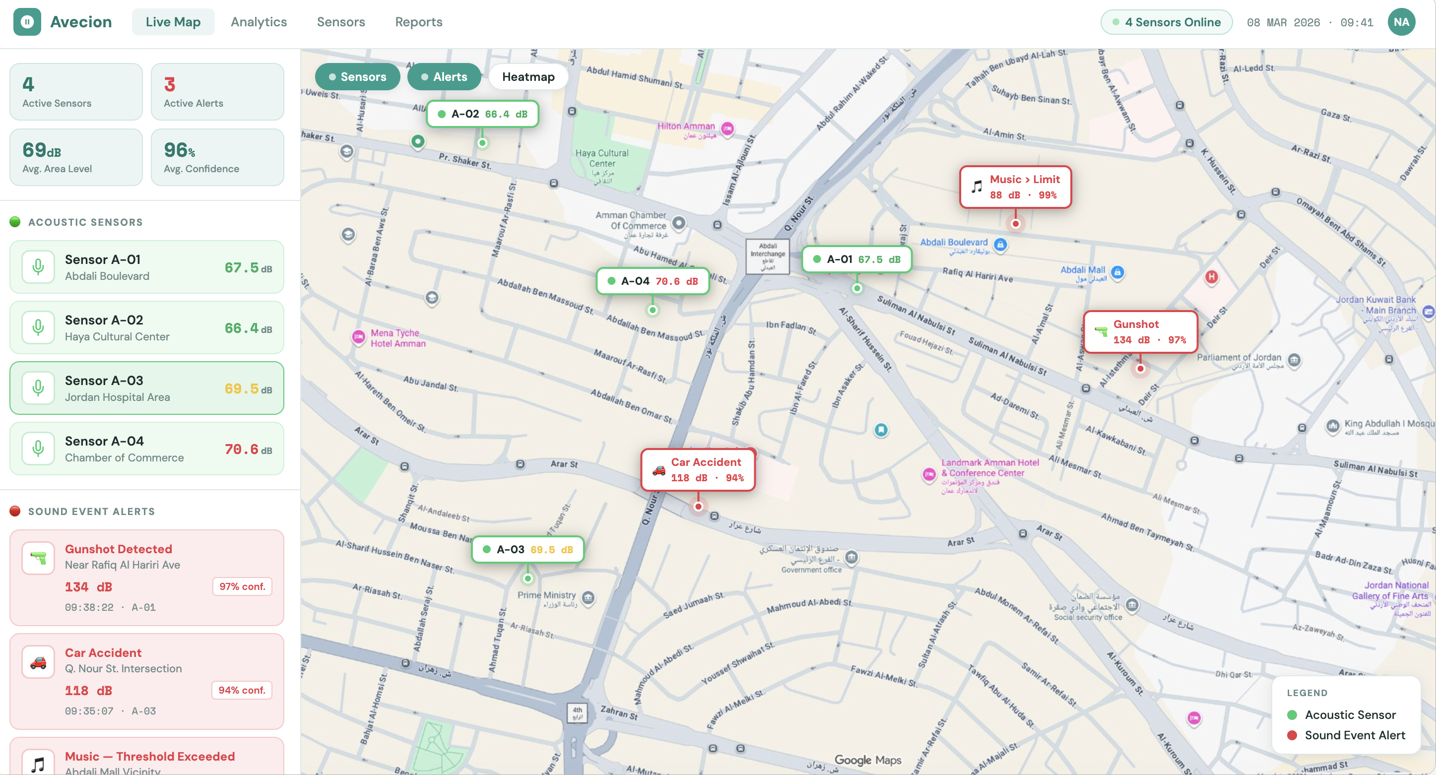 Avecion Live Map — real-time city sensor network with sound event detection and geo-located alerts